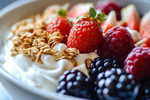 Close up of healthy bowl with yoghurt, granola, strawberry, raspberry and blackberry. Generative