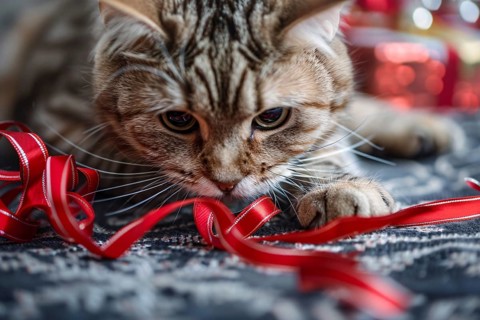 Cat playing with red Christmas gift wrapping ribbon. Generative Ai, AI generated