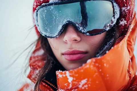 Woman's face with ski sunglasses and hat in winter. Generative Ai, AI generated