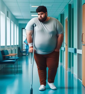 A man with severe obesity, overweight, walks with difficulty supported by crutches, symbolic image