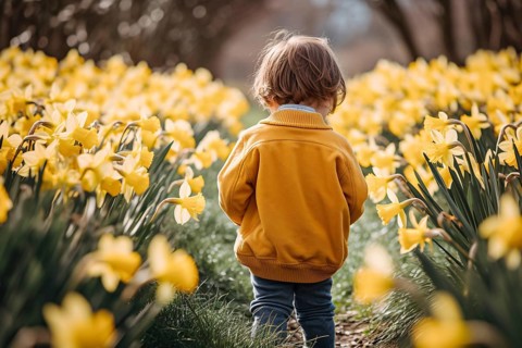 Back view of young child walking through field of yellow spring Daffodil flowers. KI generiert,