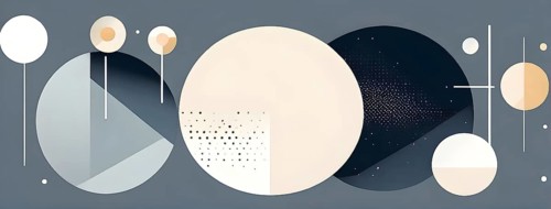 Minimalist composition of overlapping geometric shapes, such as circles, squares, and triangles,