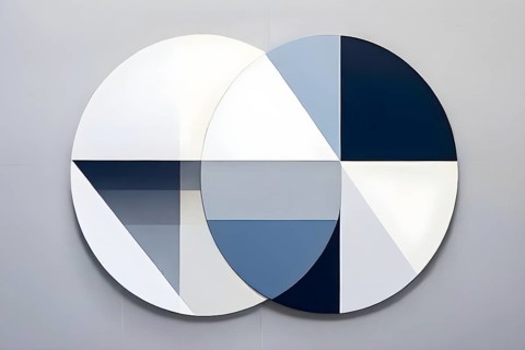Minimalist composition of overlapping geometric shapes, such as circles, squares, and triangles,