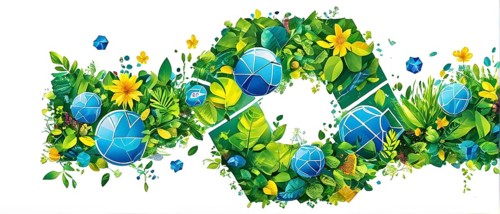 Recycling symbol morphing into growing plants and solar cells to symbolize the transformation of