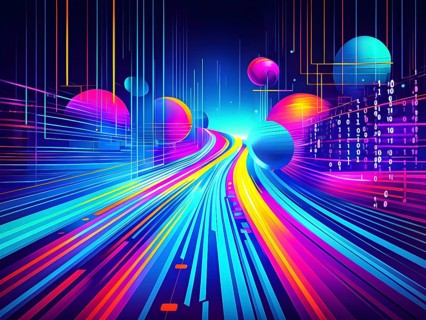 Abstract data stream flowing like liquid light, with sharp lines of code and binary numbers