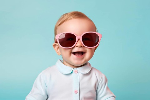 Smiling young baby or toddler with large pink sunglasses in front of pastel pink studio background.