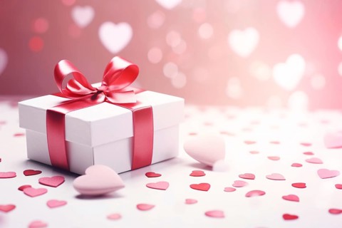 White Valentine or wedding gift box with pink ribbon and red heart shaped confetti. KI generiert,