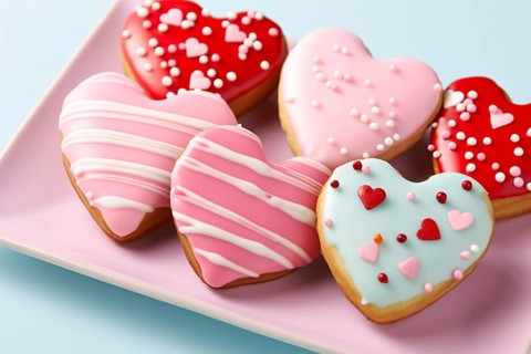 Top view of heart shaped cookies with sugar glazing on pink plate. KI generiert, generiert AI