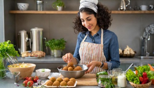 Food, Persian woman preparing falafel, chickpea balls, AI generated, AI generated