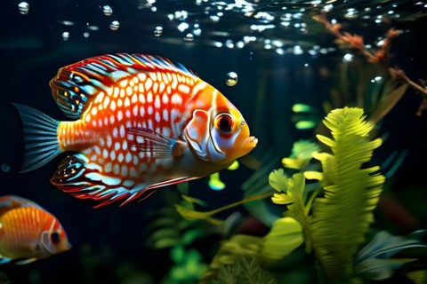 Discus fish gliding through the shallow amazon waters illuminated by dappled sunlight, AI generated