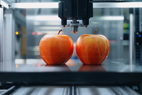 Apples being printed by 3D printer. KI generiert, generiert, AI generated