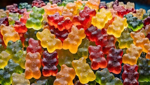 Gummy bears in vivid colours, with focus on texture and details, gummy bears, AI generated, AI