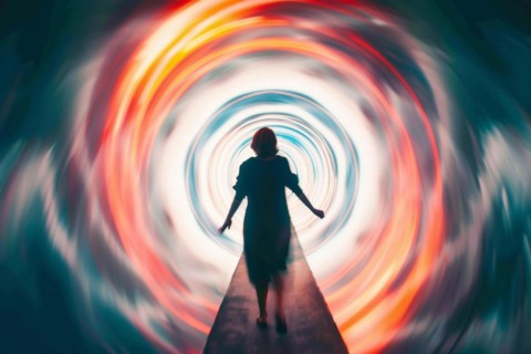 A woman walks through a tunnel into the light, symbolic image for near-death experience, death,