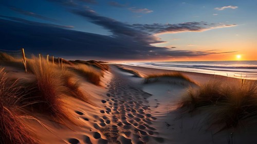 Sunset mood on a whispering tranquil costal landscape with sandy beach, AI generated