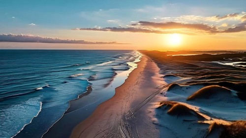 Aerial view of Sunset mood on a whispering tranquil costal landscape with sandy beach, AI generated