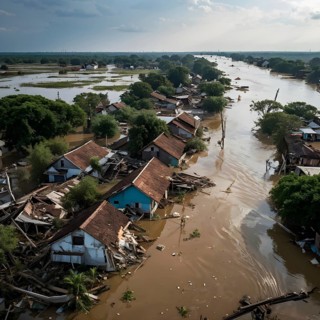 Aerial view showcases the extensive demolition within a village in massive water flood, AI