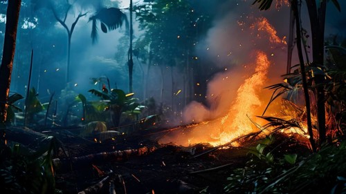 Destructive act of fire clearing within the amazon rainforest, AI generated