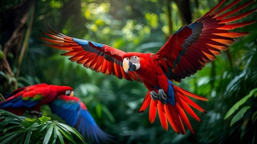Scarlet macaw in mid flight against green jungle canvas, AI generated
