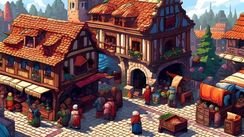 Pixel art, marketplace, medieval, pixel, art, wallpaper, illustration, AI generated