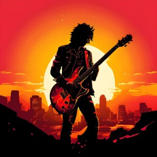Illustration of a rock star silhouette clutching guitar against abstract urban skyline morphing