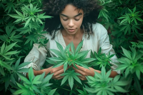 Young woman harvesting hemp in a hemp field, cannabis, industrial hemp, industrial hemp, symbolic