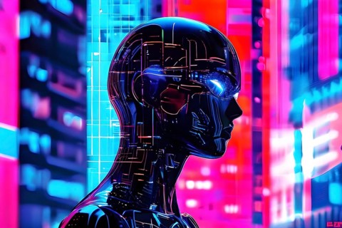 Digital representation of a multiple exposure photograph featuring a cyber human and an urban