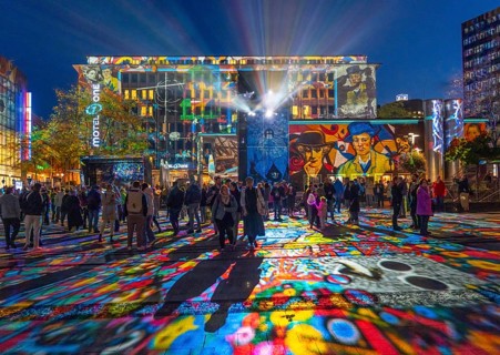 Essen Light Festival, in the city centre, light art on Kennedyplatz, the Berlin artist Daniel