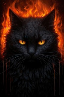 Black cat with golden eyes and flames over his head, AI generated