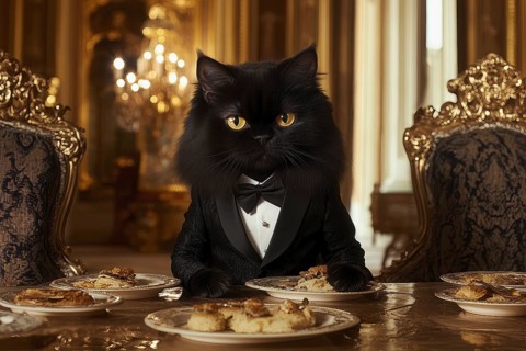 Black Persian cat in a black suit sitting at a table with food on a plate, AI generated