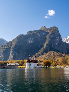 Königssee and pilgrimage church St. Bartholomä, autumnal mountain landscape, Berchtesgaden National