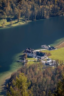 Königssee and St. Bartholomä pilgrimage church, view from the Rinnkendlsteig mountain hiking trail,