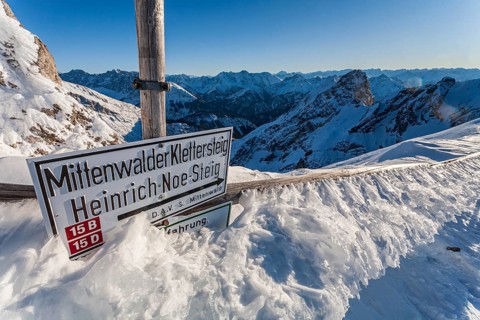 Signpost, sign for via ferrata, winter, snow, ice, Mittenwald via ferrata, Karwendel Mountains,