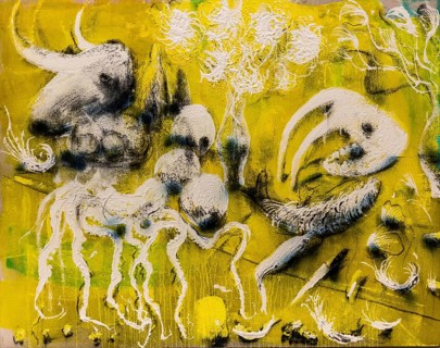 Yellow still life, 2021, mixed media on canvas, exhibition Miquel Barcelo, Vida y Muerte, Museum