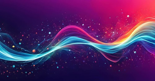 Abstract illustration of digital wave forms and circuits converging to form abstract symbols of