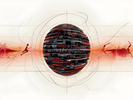 Illustration of an abstract, vibrant orange colored rotating digital sphere with patterns