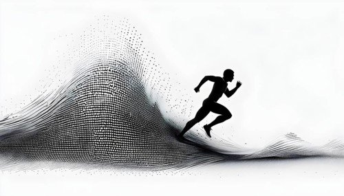 Wave of data points shaping into a runners silhouette, abstract illustration in black and white,