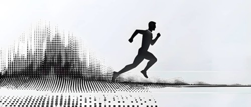Wave of data points shaping into a runners silhouette, abstract illustration in black and white,
