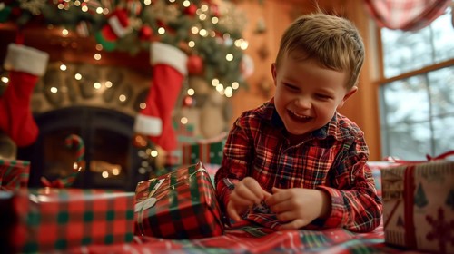 Happy young boy unwrapping his christmas gifts near the christmas tree. generative AI., AI