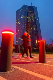 Building of the European Central Bank, ECB, on the Main in Frankfurt, barrier bollards on the banks
