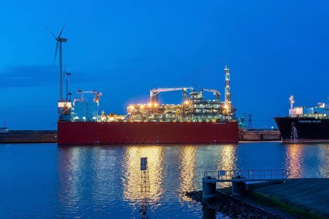 EemsEnergyTerminal, floating LNG terminal in the seaport of Eemshaven, tankers bring liquefied