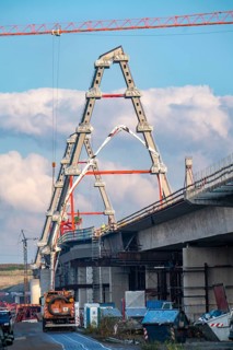 New construction of the A1 motorway bridge over the Rhine near Leverkusen, after completion of the