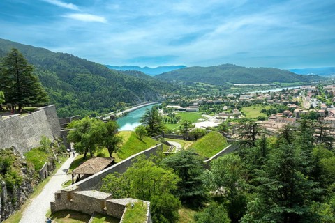 Sisteron. View of the city and the Durance river from the Citadel, Alpes-de-Haute-Provence.