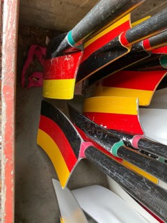 Rudder blades, tiller, in the German national colours, black red gold, for sports rowing boats
