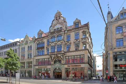 Historic commercial building with ornaments and tail gable, Anger 23, Erfurt, Thuringia, Germany,