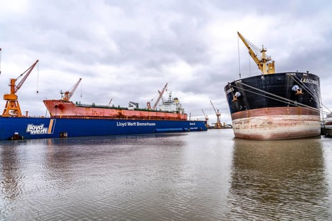 Lloyd Werft, dry dock, freighter Atlantic Journey, shipyard in the overseas harbour of Bremerhaven,