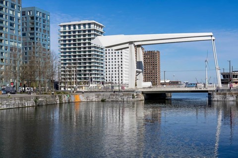 Kattendijkdok, harbour basin, with Lodenbrug bridge, old harbour district, Het Eilandje of Antwerp,