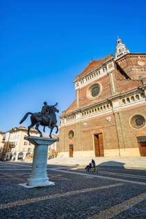 Equestrian statue in front of Pavia Cathedral, Lombardy, Italy, Europe