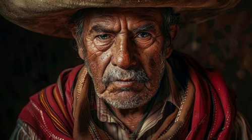 Authentic gaucho portrait. A man with a cowboy hat and beard is looking at the camera, AI generated