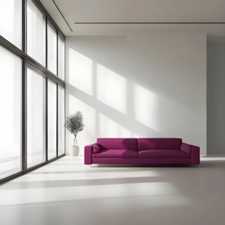 Minimalist living room with clean lines and neutral tones, featuring a modern magenta colored sofa,