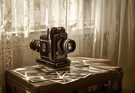 Vintage film camera surrounded by black and white photos in soft sunlight, AI generated